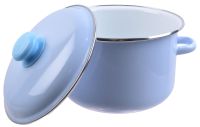 Миниатюра: Кастрюля эм. 4л, эм. крышка с пласт. кнопкой, цилиндр с ободком, белая внутри, цвет серо-голубая (8)