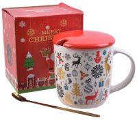 Миниатюра: Кружка новогодняя с крышкой, ложка 400мл,керамика