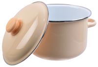 Миниатюра: Кастрюля эм. 4л, эм. крышка с пласт. кнопкой, цилиндр с ободком, белая внутри, цвет слон. кость (8)