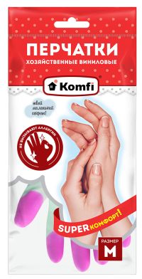 Миниатюра: Перчатки хозяйственные виниловые размер M, без напыления, доп.слой на пальцах Komfi 3 цвета (12)