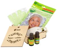 Миниатюра: Набор банный 5пр (шапочка для душа, масла мята и апельсин, мочалка, пемза) Подарок с любовью