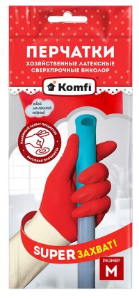 Миниатюра: Перчатки хозяйственные латексные размер М, без напыления, сверхпрочные, текстур. ладонь Komfi (12)