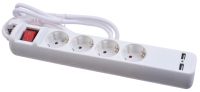 Миниатюра: Удлинитель 6 гнезд (4 евро, 2 USB) 3м, с заземлением, выключатель, белый