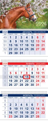 Миниатюра: Календарь кварт. 2026г.ХАТ Офис ГОД ЛОШАДИ 3 блока с бегун. 29,7*75см