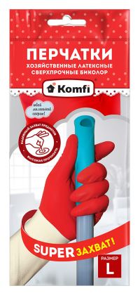 Миниатюра: Перчатки хозяйственные латексные размер L, без напыления, сверхпрочные, текстур. ладонь Komfi (12)