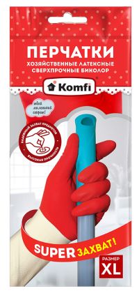 Миниатюра: Перчатки хозяйственные латексные размер XL, без напыления, сверхпрочные, текстур. ладонь Komfi(12)