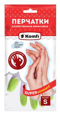 Миниатюра: Перчатки хозяйственные виниловые размер S, без напыления, доп.слой на пальцах Komfi 3 цвета (12)