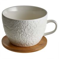 Миниатюра: Кружка 400мл Капучино фарфор на бамбуковой подставке