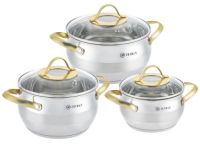 Миниатюра: Набор кастрюль нерж. 3шт (1,9л; 2,7л; 3,6л), ст. крышки, ручки под золото, 3-слойное дно, индукция