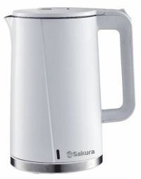 Миниатюра: Чайник эл. 1,7л 2200Вт двухслойный корпус нерж+пластик SAKURAбелый