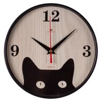 Миниатюра: Часы настенные 19,5см круглые, черные, плавный ход, Котенок