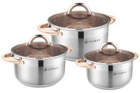 Миниатюра: Набор кастрюль нерж. 3шт (2,7л; 3,8л; 6,4л), тонир. ст. крышки, ручки под золото, индукция