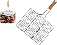 Миниатюра: Решетка-гриль (для барбекю) 40*30*2см (с ручкой 60см), плоская, ручка с дер. вставкой (24)