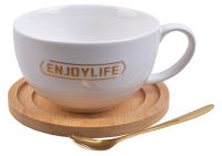 Миниатюра: Кружка 250мл с ложкой, фарфор, блюдце бамбук, в под. упаковке 1/72