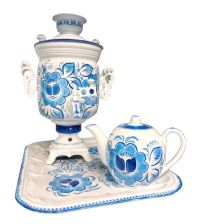 Миниатюра: Самовар эл. 3,0л 1000Вт,латунь,автоотключ.в наборе чайник+поднос Банка Классическая гжель  36*24см