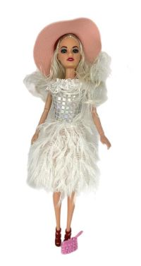 Миниатюра: Кукла шарнир.руки в платье с белой бахромой + шляпка 32*11см/коробка  TL8011A6 ЧЗ