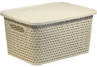 Миниатюра: Корзина для хранения пласт. 185*280*126мм, пласт. крышка Ротанг белая
