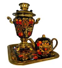 Миниатюра: Самовар эл. 3,0л 1000Вт,латунь,Рюмка в наб. с зав.чайником и подносом,роспись Яблочный узор 37*26с