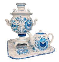 Миниатюра: Самовар эл. 3,0л 1000Вт,латунь,Овал в наб. с зав.чайником и подносом,росписьКлас.гжель 33*25см