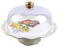 Миниатюра: Тортовница 32см на ножке с крышкой ФРУКТЫ фарфор в под.упаковке