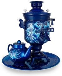 Миниатюра: Самовар эл. 3,0л 1000Вт,латунь,автоотключ. в наборе чайник+поднос Банка Цветы на синем  36*24см