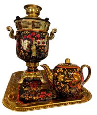 Миниатюра: Самовар эл. 3,0л 1000Вт,латунь,автоотключ.в наборе чайник+поднос Банка Классическая хохлома  36*24