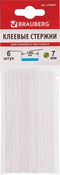 Миниатюра: Стержни клеевые для клеевого пистолета (термопистолета) 7*100мм, НАБОР 6шт BRAUBERG бесцветные