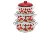 Миниатюра: Набор кастрюль эм. 3шт (2л; 3л; 4л), эм. крышки с пласт. кнопкой, декор Маки