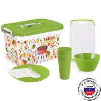 Миниатюра: Набор посуды пласт. на 4 персоны 21пр в контейнере BBQ party зеленый