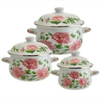 Миниатюра: Набор кастрюль эм. 3шт (1,5л; 2,8л; 3,6л), эм. крышки с деколью и пласт.кнопкой индукция Пионы (2)