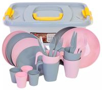 Миниатюра: Набор посуды пласт. на 4 персоны 23пр в контейнере На шашлычок серо-розовый