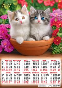 Миниатюра: Календарь настенный листовой А2 2027г. ЛИС Кошки.Друзья по играм мел.бум.,80г/м2(10)@